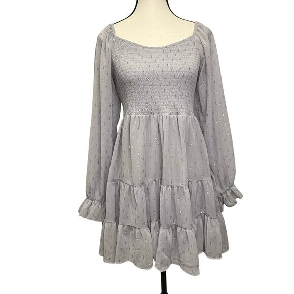 Altar'd State Dresses & Skirts - Altar’d State Smocked Babydoll Mini Dress Long Sleeve Silver Gold Dots Small